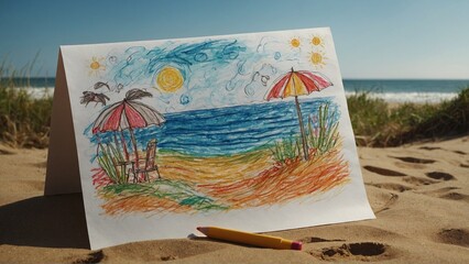 A child's drawing of a sunny day at the beach.