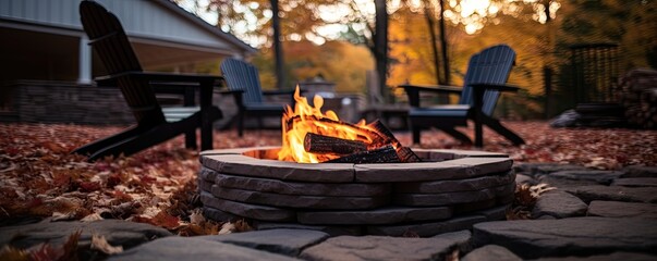 close-up photo of a stacked stone firepit with firewood and flames. Beautiful autumn landscape.