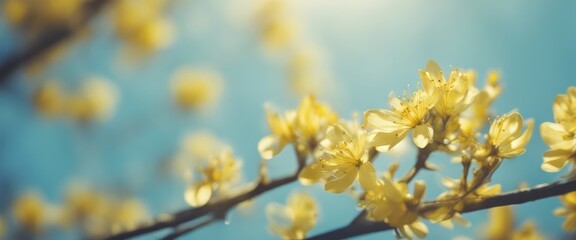 Fototapeta premium Spring background with yellow bloom blossoming under the blue sky