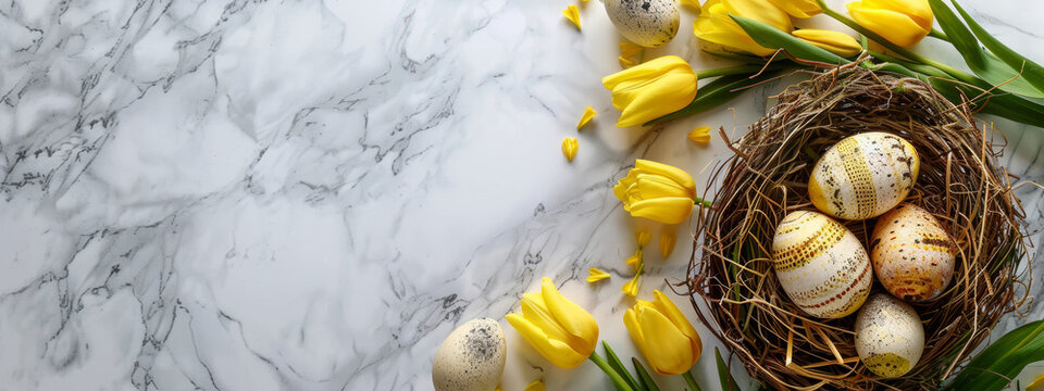 Happy Easter holiday celebration banner with painted eggs in bird nest basket and yellow tulip flowers on marble background. Top view, flat lay with copy space