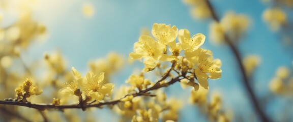 Spring background with yellow bloom blossoming under the blue sky