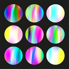 Gradient round set with holographic mesh. Abstract hologram. Pearlescent gradient round set. Minimalistic 90s, 80s retro style graphic template for brochure, banner, wallpaper, mobile screen.