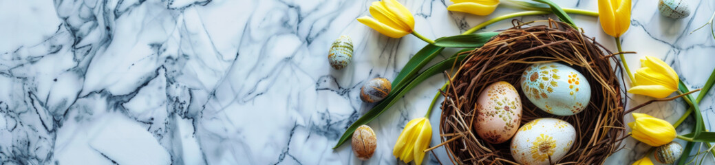 Happy Easter holiday celebration banner with painted eggs in bird nest basket and yellow tulip flowers on marble background. Top view, flat lay with copy space