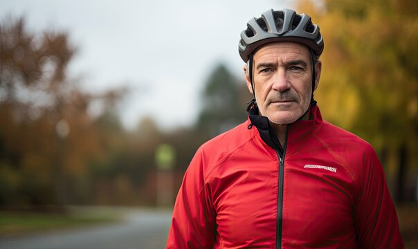 Portrait photography of a man cyclist wearing cycling helmet in the city park background.