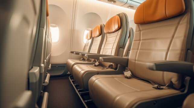 A close up image of three side by side economy class leather seats with no passangers in an airplane with a sky view