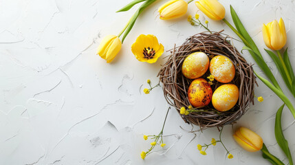 Happy Easter holiday celebration banner with painted eggs in bird nest basket and yellow tulip flowers on white textured background. Top view, flat lay with copy space, greetings card design.