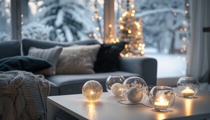 A photo of an elegant and cozy living room with a grey sofa, white coffee table adorned with glass baubles filled with glowing glitter stars