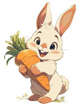 The happy rabbit munches on a juicy carrot this image is Ideal for ads, cards, or any project needing a dose of charm."
