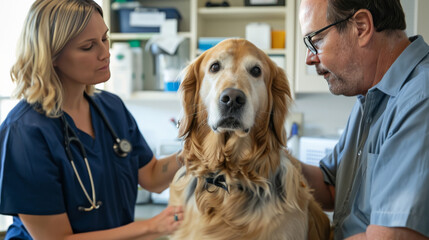 Veterinarians and Pet Owner with Happy Golden Retriever at Vet Clinic