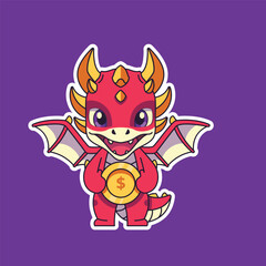 illustration of a cute baby dragon holding a gold coin