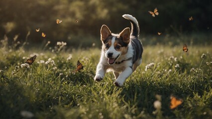 A playful puppy chasing butterflies.