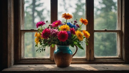 A vibrant bouquet of flowers in a rustic vase on a windowsill