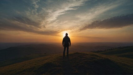 A silhouette of a person standing on a hill, watching the sunset.