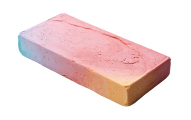 A vibrant pink and yellow soap bar situated on a clean white surface