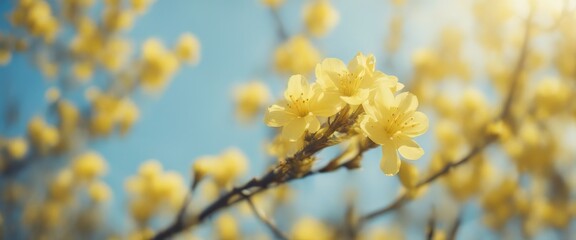 Spring background with yellow bloom blossoming under the blue sky
