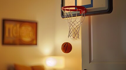 Indoor fun flair! Living room becomes a playground as mini basketball skillfully banks into door hoop, fostering family bonding and laughter. - obrazy, fototapety, plakaty