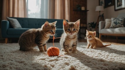A group of cute kittens playing with yarn in a cozy living room. - obrazy, fototapety, plakaty
