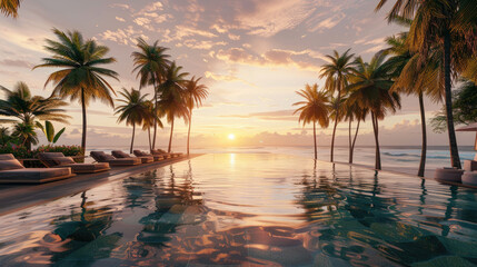 Stunning Sunset Over the Ocean with Palm Trees and a Pool