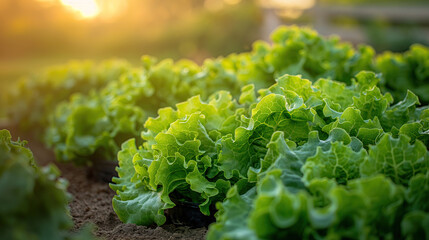 Vibrant green lettuce leaves thrive in fertile soil, basking in the warm glow of sunset on a sustainable farm