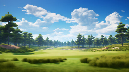 Spectacular Panorama of a Pristine Golf Course under the Azure Sky: A Perfect Day for a Game - obrazy, fototapety, plakaty