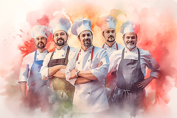 group of 5 confident male chefs in professional clothes, inspired by a passion for cooking,look into camera and smile sweetly,concept of the restaurant business,culinary events,watercolor illustration - obrazy, fototapety, plakaty