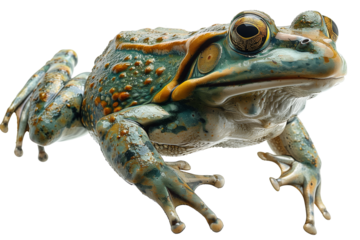 Jumping or falling cute serious frog isolated on transparent background.
