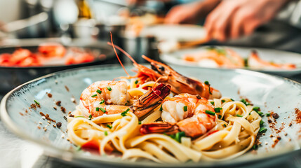 Delicious pasta dish with shrimps on a plate, presenting culinary skill and richness of flavors