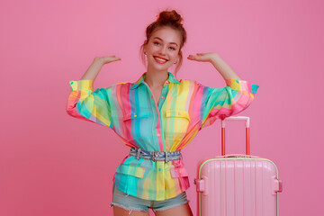 Full size photo of attractive girl colorful blouse jump hold suitcase palm hold offer look empty space isolated on pink color background - obrazy, fototapety, plakaty