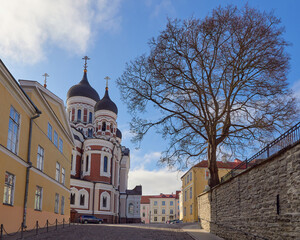 Old Alexander Nevsky Orthodox Cathedral in Estonian Tallinn on sunny March day.
