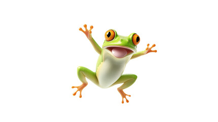 Jumping or falling cute funny frog with spreaded paws isolated on white background.
