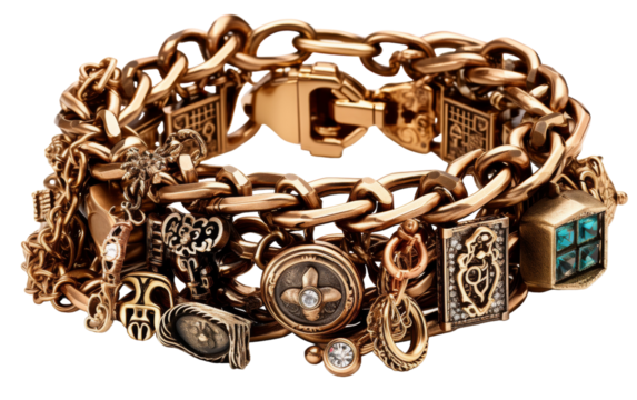 A vibrant charm bracelet, featuring a collection of intricate charms, captured in a close-up shot
