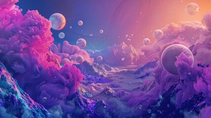 Surreal cosmic landscape with vibrant colors - This image depicts a surreal scene with bright pink clouds, majestic mountains, and planets in a vibrant cosmic atmosphere - obrazy, fototapety, plakaty