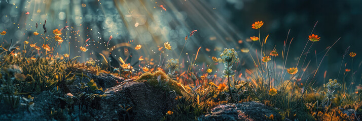 Sunlit meadow with magical glow and wildflowers - Enchanted meadow scene with beams of sunlight piercing through and illuminating wildflowers - obrazy, fototapety, plakaty