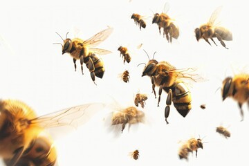 Swarm of bees in propelling motion artwork - Dynamic depiction of a swarm of honeybees in flight, simulating motion and energy in an artistic style - obrazy, fototapety, plakaty
