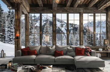 A rustic living room with large windows, wooden beams and snow outside