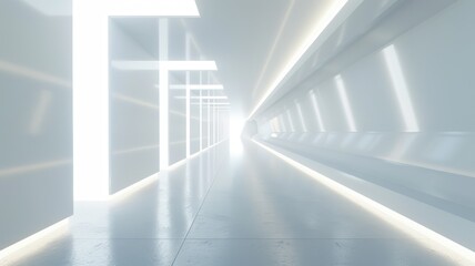 Tranquil white corridor with distinctive design - A serene and minimalist white corridor bathed in soft light, highlighting the sharp lines and angles of its modern architecture