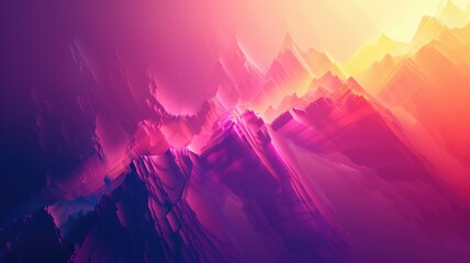 Vibrant abstract mountain landscape at dusk - This visually stunning image depicts abstract mountains under a twilight sky with a play of pink and purple hues - obrazy, fototapety, plakaty