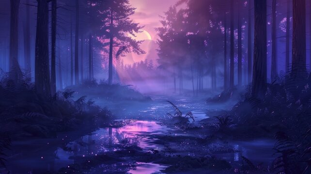 Tranquil purple forest with mist and moonlight - A serene purple-toned forest with atmospheric fog and moonlight creating a magical and calming scene