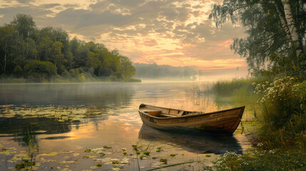 Fototapeta premium Serene Sunrise Over a Misty River with a Small Boat