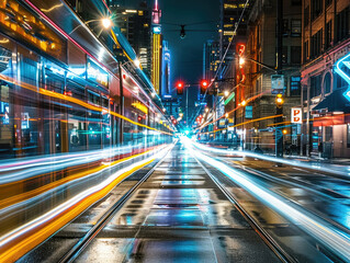 Fototapeta na wymiar Street Symphony: Busy Street with Car Light Trails - Dynamic Urban Movement - Experience 