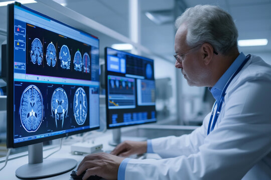 A doctor is looking at a computer monitor with several images of the brain. The doctor is wearing a white lab coat and glasses