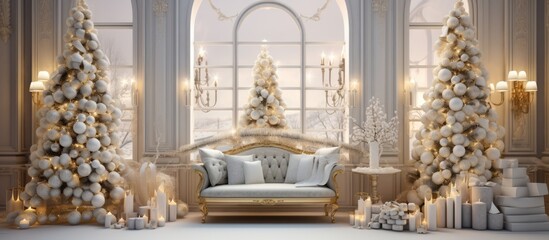 A festive living room adorned with Christmas trees and a cozy couch. The rooms decor includes a mix of traditional holiday elements and modern art sculptures