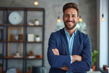 A man in a blue suit is smiling and standing in front of a wall with a clock on it