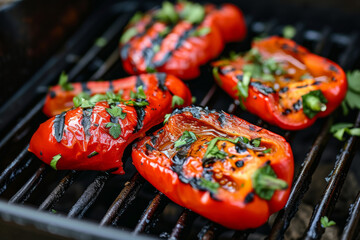 Two grilled peppers with herbs on top. The peppers are charred and have a smoky flavor. The herbs...