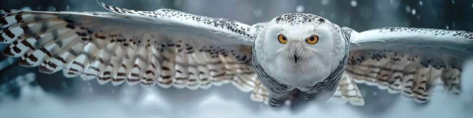 Poster polar white snowy owl flying hunting in winter © alexkoral