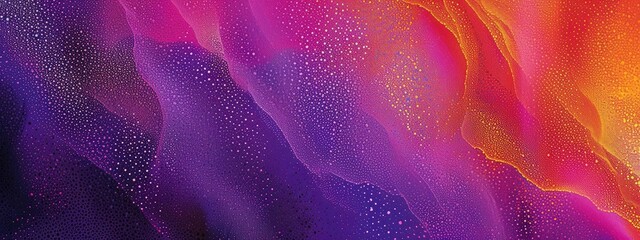 Abstract background with dynamic waves. Abstract wavy banner with colorful particles. Purple and orange colors. 3d rendering.