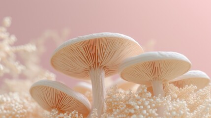Light beige mushrooms in a pink background. Close up. Pastel colors. Organic and natural banner. Soft texture. - obrazy, fototapety, plakaty