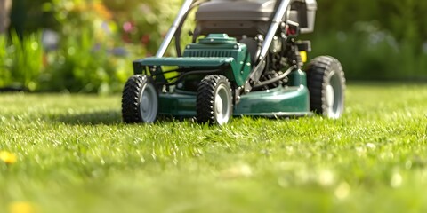 Closeup of a green lawn mower in action on a wel. Concept Garden Maintenance, Lawn Care, Power Equipment, Outdoor Work, Landscaping