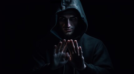 a scary horror man in hoodie showing silence hand sign in dark. - obrazy, fototapety, plakaty