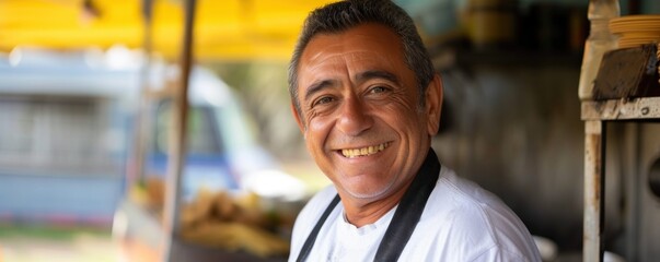 Happy mexican man in hat working in food truck. successful business owner inside of his food...